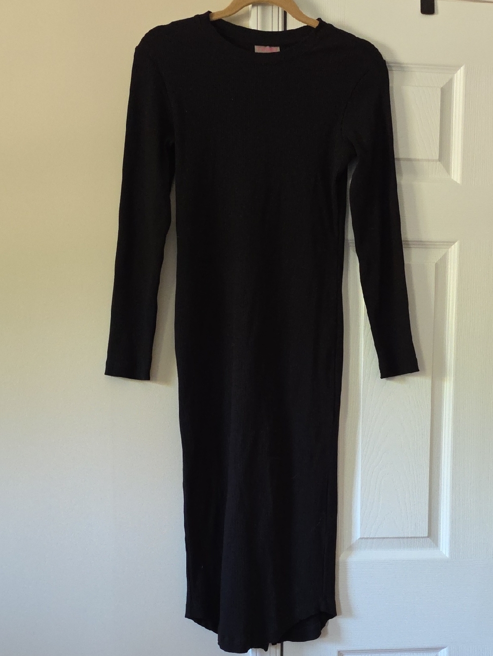 Terez M Black Midi Dress With Slit, Long Sleeve, Cotton Blend.